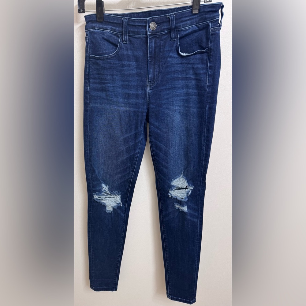 American Eagle Outfitters Dark Blue Ripped High-Rise Skinny Jeans